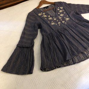 EUC RD+KoKo MEDIUM Boho Long Sleeve Dobby Blouse INDIA Cotton B45